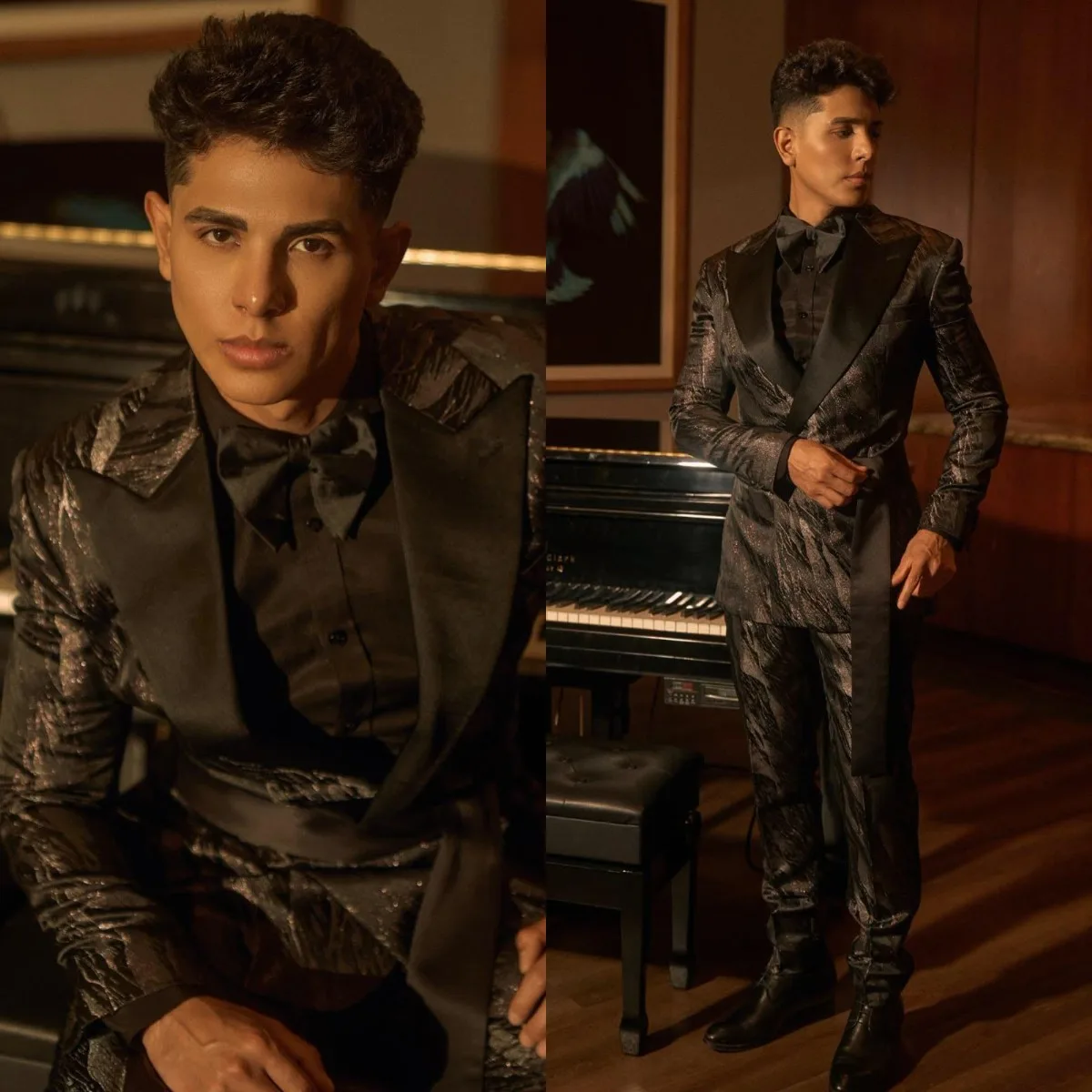 Men's Black and Silver Abstract Brocade Double Breasted Tuxedo Suit with Satin Peak Lapel and Bow Tie Stage Custom Made M264854