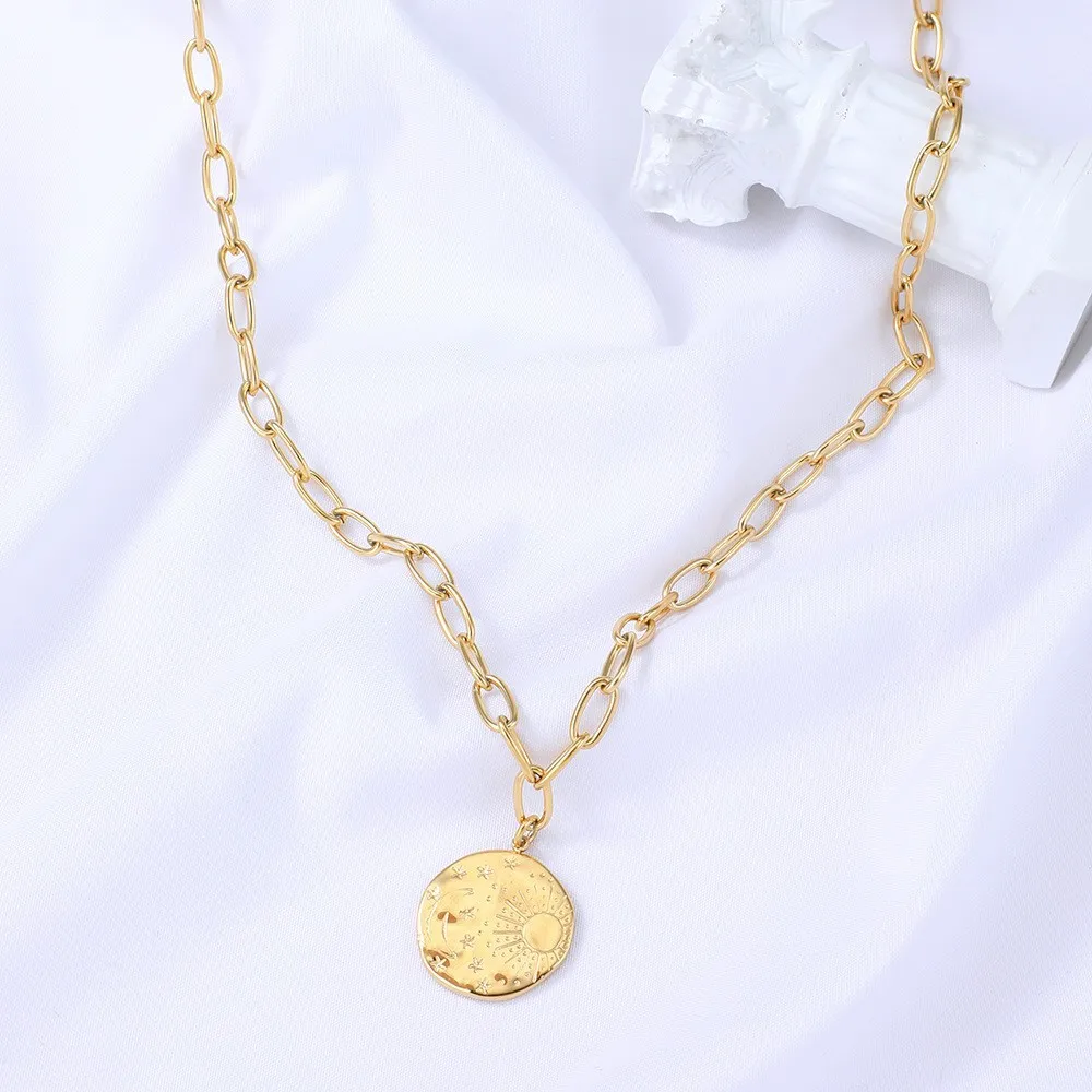 Ins 14K Gold Plated  Stainless Steel Star Moon Sun Round Pendant Necklace For Women Waterproof Hypoallergenic Party