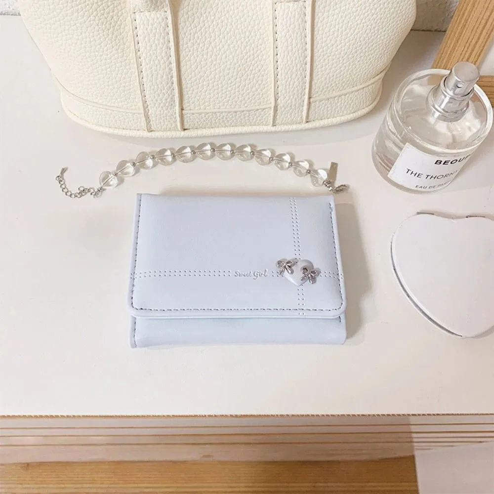 Heart-Shaped Bow Design Tri-fold Short Wallet Foldable PU Leather Coin Purse Multiple Card Slots Multipurpose Credit Card Holder