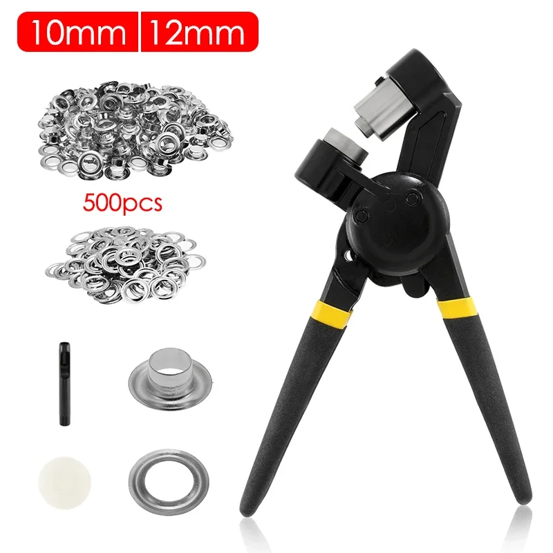 10mm/12mm Handheld Grommet Press Pliers Punch Kit Garment Eyelets Machine with Silver Grommets for Fabric Leather Shoes