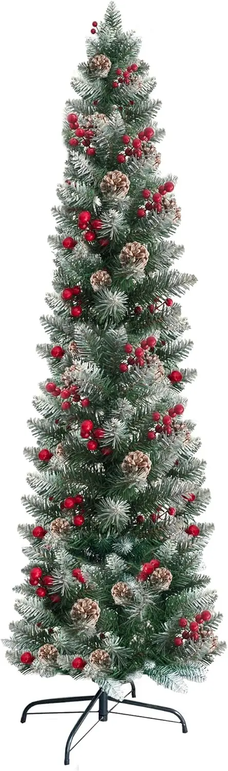 

6ft Artificial White Flocked Slim Christmas Tree, 316 Frosted Tips, 30 Pine Cones & 30 Red Berries
