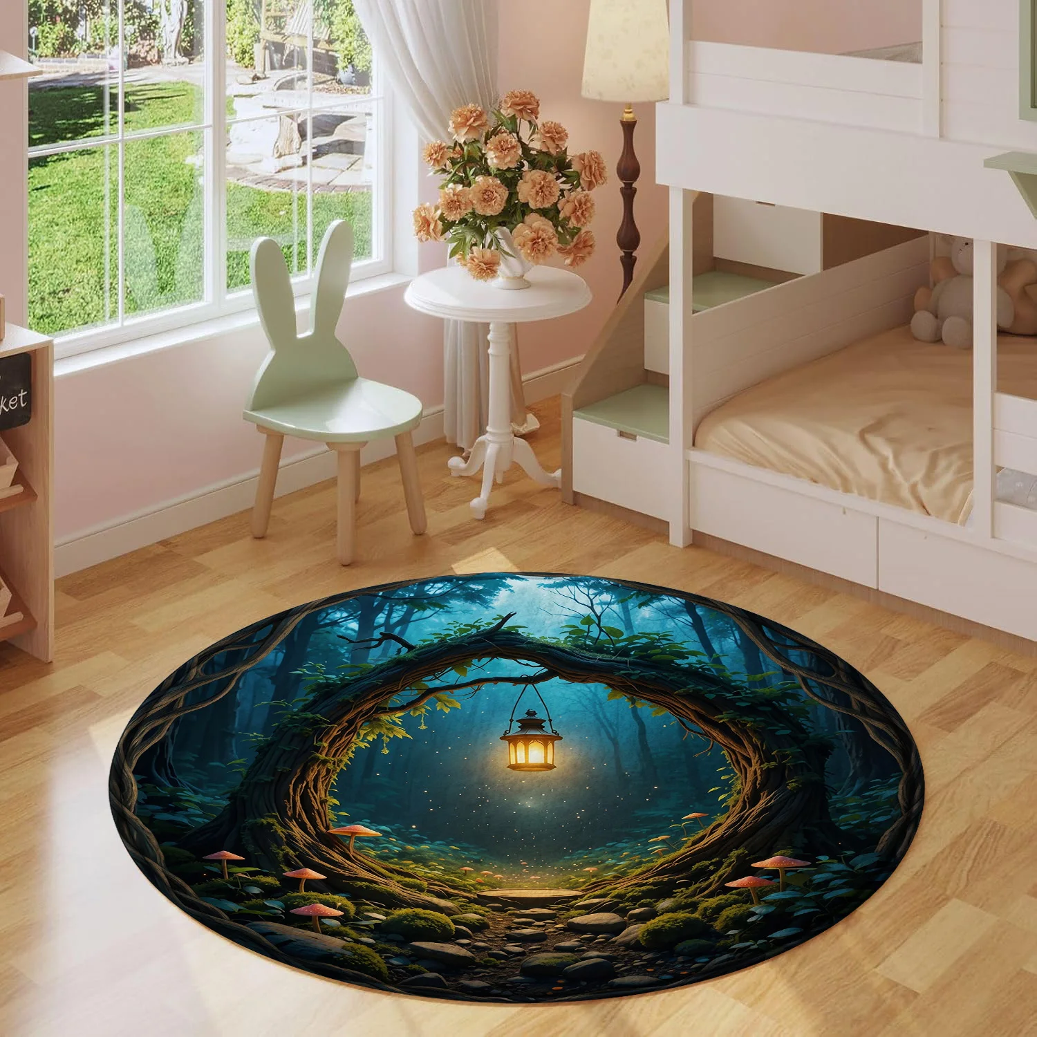 Enchanted Forest Hanging Lantern Tree Hollow Mushroom Mossy Pathway Pattern Holiday Luxury Round Mat Area Rug Home Decor