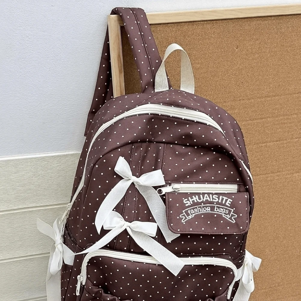 Nylon Polka Dot Bow Backpack Large Capacity Zipper Closure Daypack Multi-Compartment Polyester Lining School Bag For Students