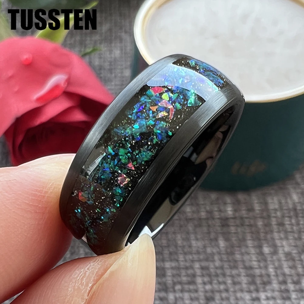 Dropshipping TUSSTEN 8MM Galaxy Opal Ring Cool Wedding Band Tungsten Finger Jewelry For Men Women Brushed Comfort Fit