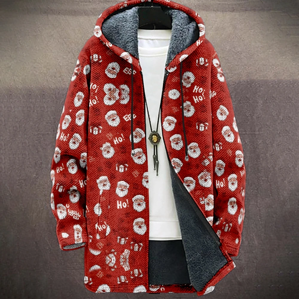 

Мужское пальто с капюшоном в виде рождественской елки, узоры оленей и снежинок, белая основа, красные мотивы, мягкая флисовая подкладка, праздничная зимняя верхняя одежда