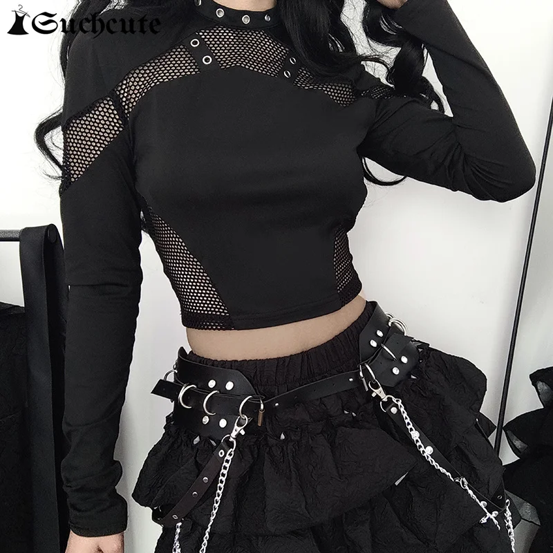 

SUCHCUTE Goth Mesh Patchwork T-Shirts Sexy Hollow Out Long Sleeve Eyelet Crop Tops Fashion Women Punk Style Slim Tees Streetwear