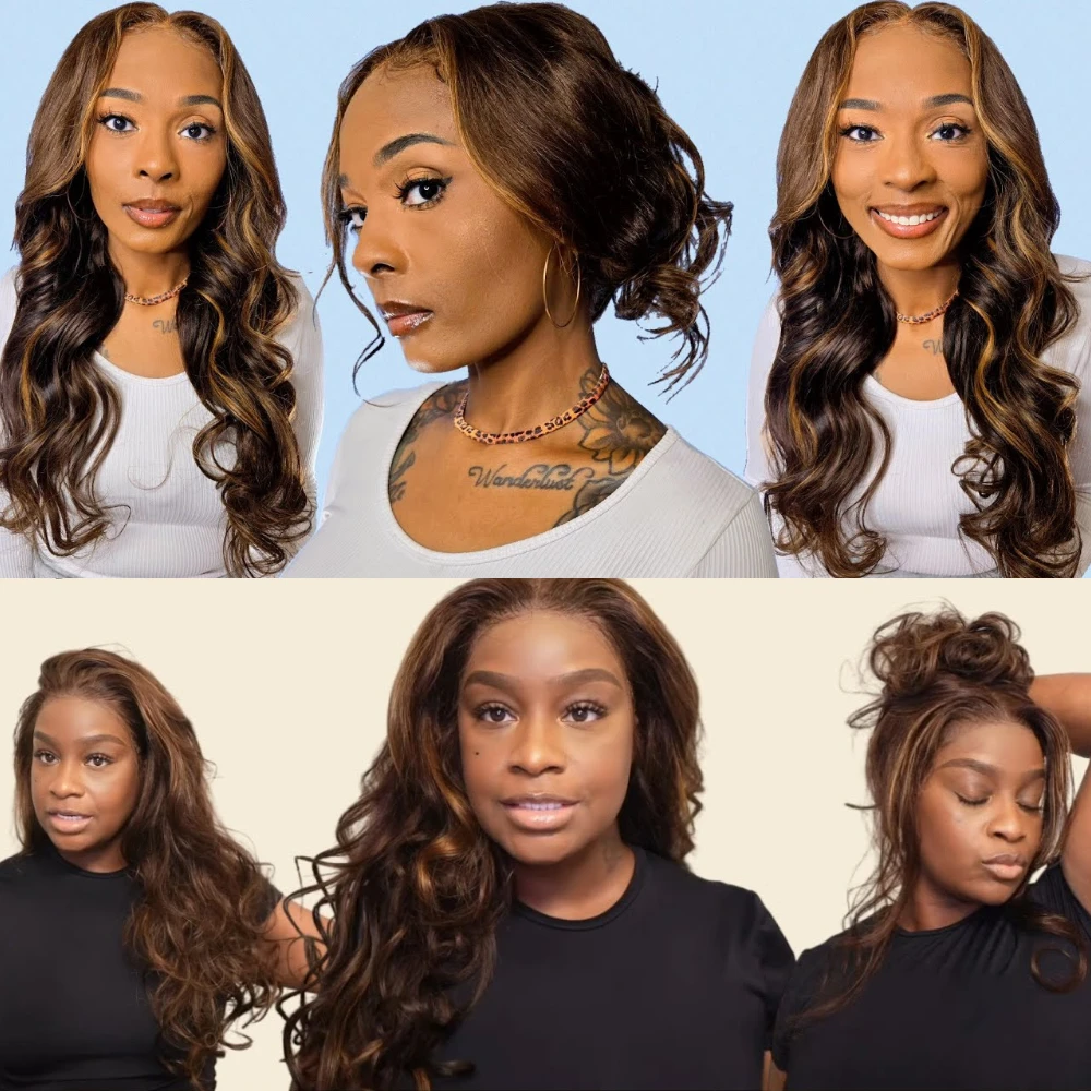 UNICE Hair Espresso Brown Highlights Loose Wave Wig Pre Everything 13x4 Human Hair Lace Frontal Wigs Peel & Stick 150% Density