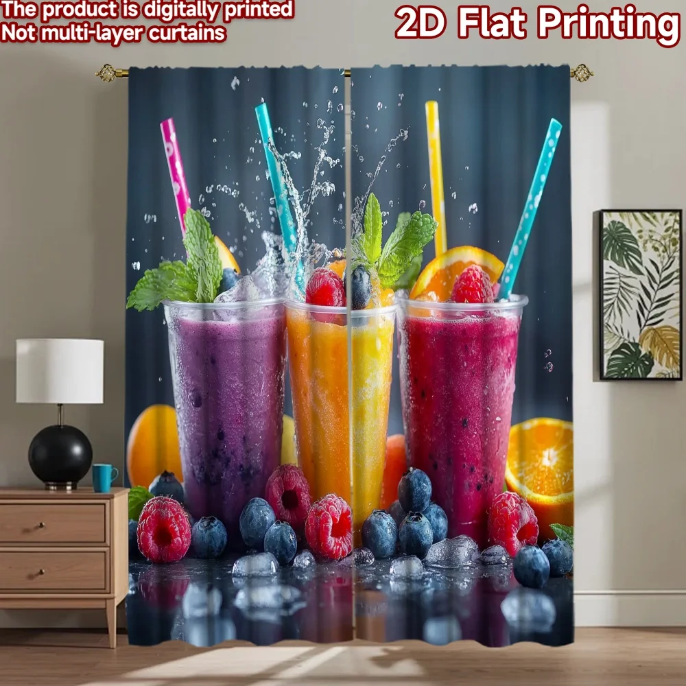 2D flat 2pcs Curtain Home Short Curtains Colorful Fruit Smoothies Splash Durable polyester fiber Family Party Decoration for All