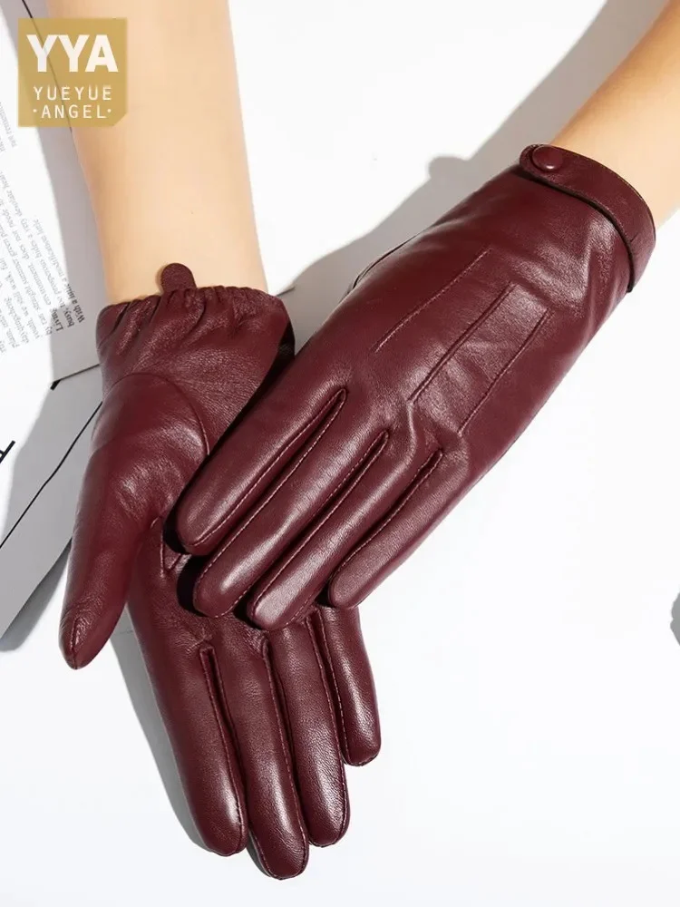 

Genuine Sheepskin Leather Mittens Elegant Office Ladies Winter Fleece Windproof Warm Lining Women Short Gloves