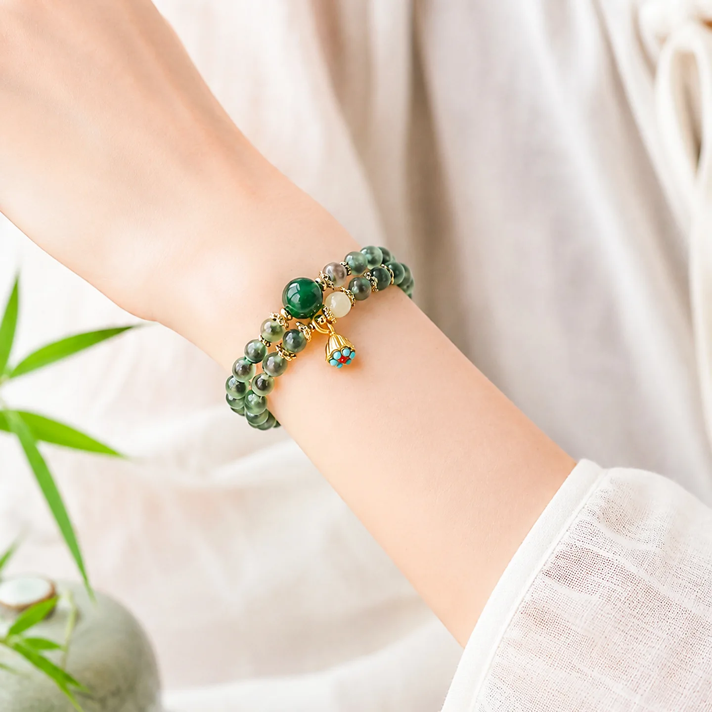 Women Chinese Style Green Agate Beaded Bracelet Lucky Lotus Charm Vintage double loop Bracelets for Best Friend Jewelry Gift