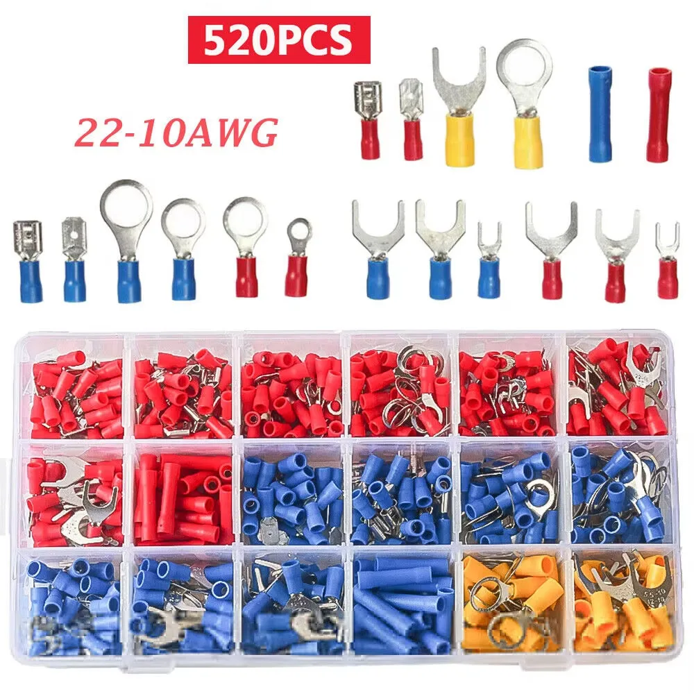 

520pcs Crimp Ring Terminal Connectors Kit with Spade Terminals, Fork Terminals, Ring Terminals and Butt Connectors
