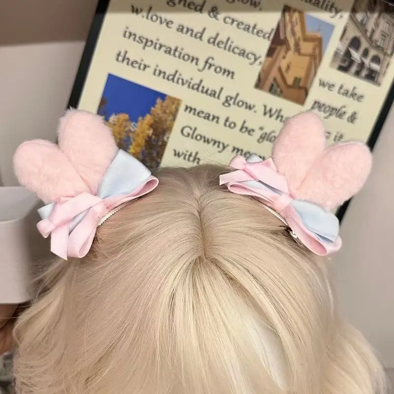 1 Pair Cute Rabbit Hairpins for Girls Sweet Pink Blue Bow Cute Fluffy Bunny Ear Hairpins Children Hair Accessories