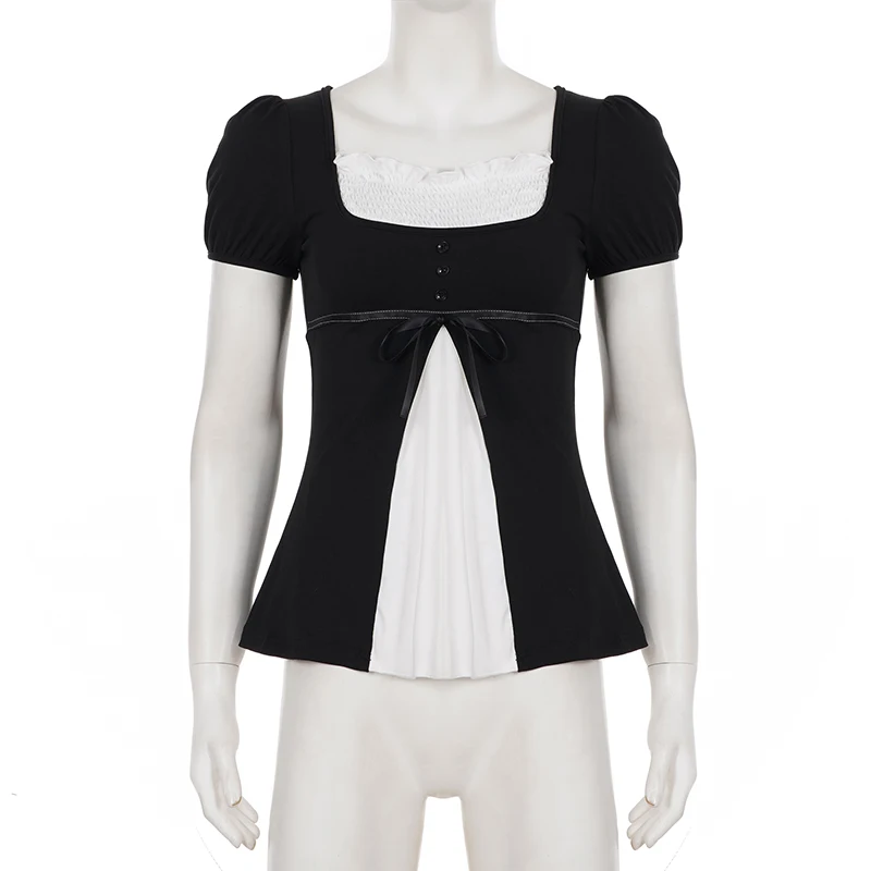 SUCHCUTE Vintage Fake Two Piece T-Shirts für Damen, Puffärmel, Patchwork, Schleife, schmaler quadratischer Kragen, Y2k, Freizeitkleidung, Sommer-Chic – Detail 4