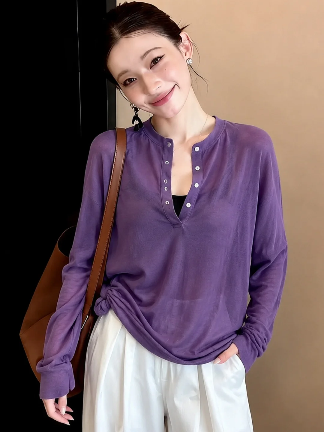 

Summer 2026 Women's Loose Long Sleeve Crew Neck T-Shirt Casual Lazy Style Sun Protection Top Korean Style Comfortable Fit