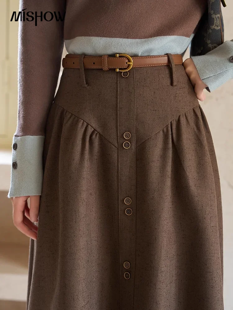 MISHOW High Waist Mid-length A-line Skirt for Women 2023 Autumn French Retro Button Pleated Female Solid Sweet Skirts MXC55B0134