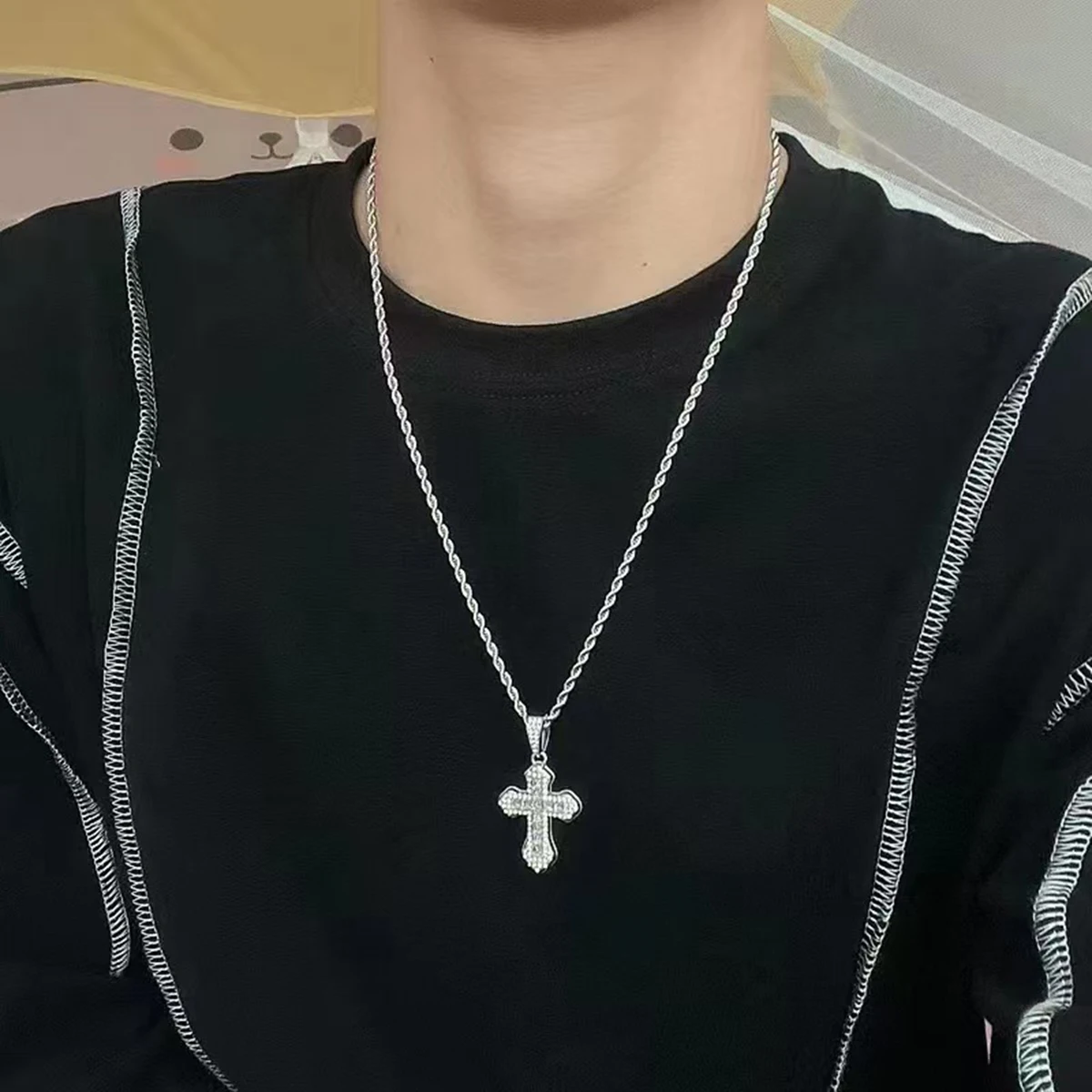 

Cross Pendant Necklace Double Layer Twisted Chain Hip Hop Style Clavicle Chain Couple Necklace