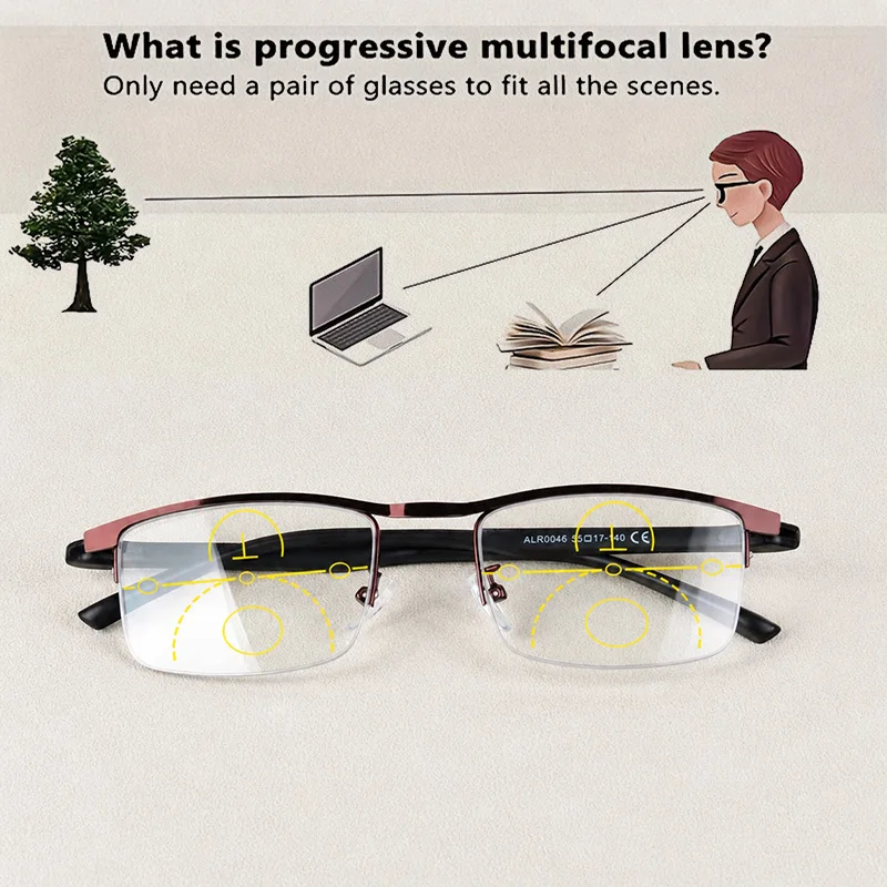Klassische Metall-Halbrahmen Progressive Multifokal-Lesebrille für Herren Flexible Bügel Damen HD Anti-Ermüdungs-Presbyopie-Brille
