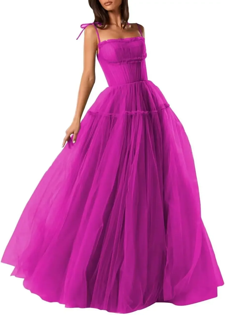

Custom Made Women's Spaghetti Straps Tulle Prom Dress Long Formal Evening Gown Backless A-Line Bridesmaid Luxury Party Dress
