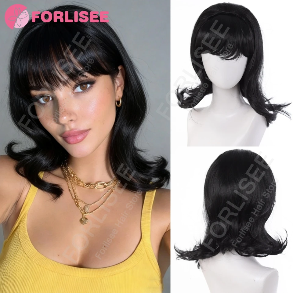 

Synthetic 12-inch Black Vintage Period Women's Short Straight Wig With Flat Bangs Is Perfect For Everyday Holiday Parties