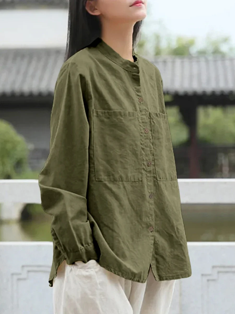 Women Casual Loose Jacket Single Breasted Stand Collar Long Sleeve Button Up Pocket Solid Color Outerwear Autumn Office Coat