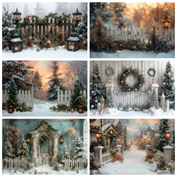 2024 New Winter Christmas Background Custom Outdoor Snowflake Pine Trees Wooden Fence Portrait Photography Backdrop Photo Studio