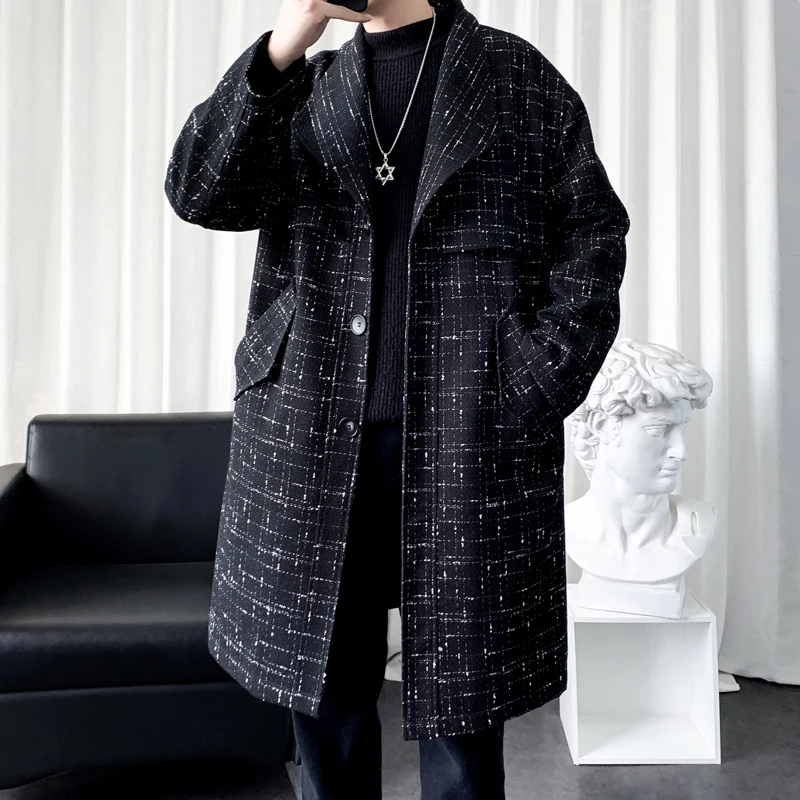 2025 New High Quality Men's Windbreaker man trench coat checkered mid-length jacket man fashion casual  overcoat