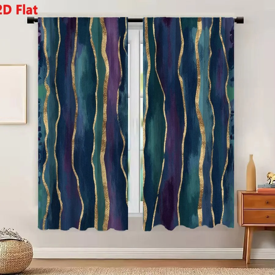 2Pcs Curtains 2D Flat Abstract Wavy Stripes Deep Blue Teal Purple Green With Shimmering Gold Lines Artistic Brushstroke Pattern