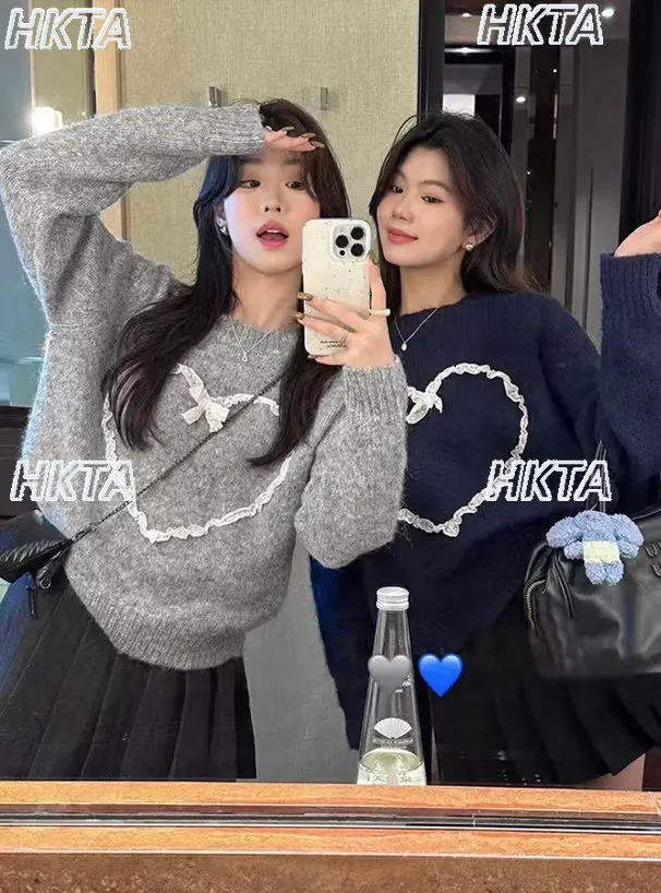 

Japanese Crew Neck Plush Lace Love Bow Sweet Versatile Knitted Sweater Ladies Winter Commute Cute Loose Black Pullover Top Women