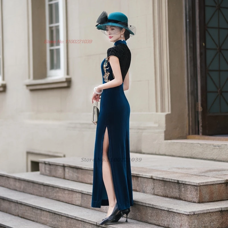 Китайское винтажное платье 2021, бархатное платье Cheongsam, традиционное народное платье с цветочными пайетками, восточное ретро-банкетное вечернее платье, платье