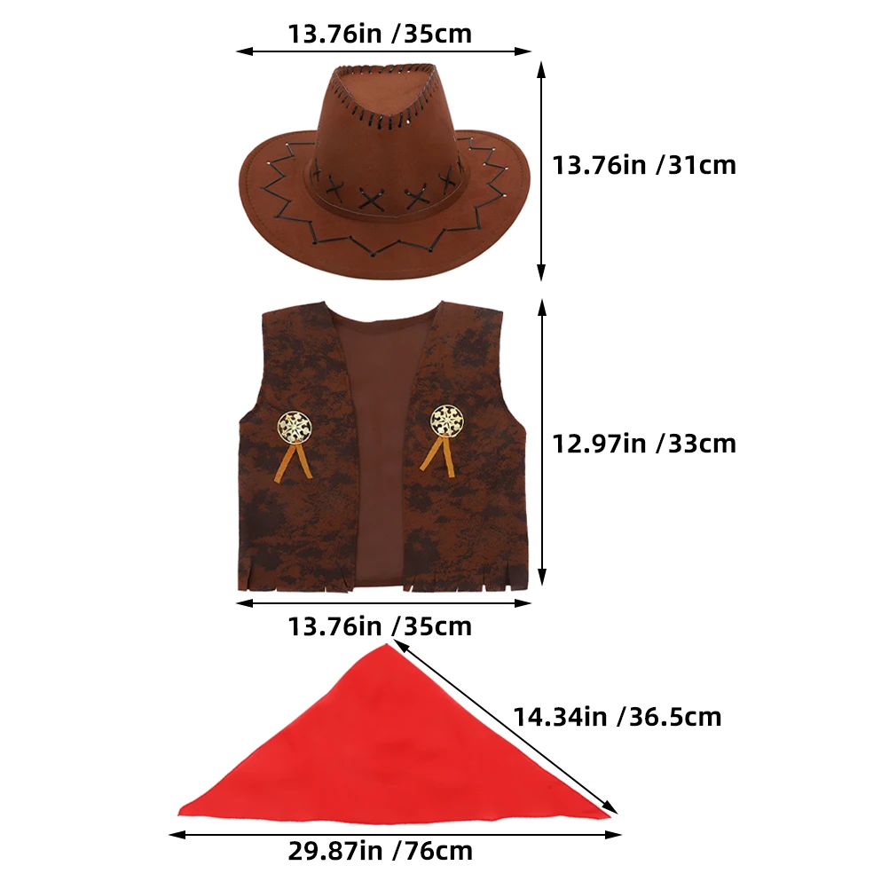 

1 Set Kids Western Cowboy Costume Set With Bandanna Hat And Vest - For Halloween Cosplay Party Role Play And Themed Events
