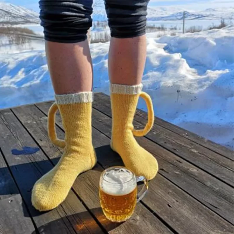 Knitted Socks Men Women Funny 3D Beer Mug Padded Mid-Calf Socks Winter Warm Soft Sleep Floor Socks Woolen Socks Christmas Gift