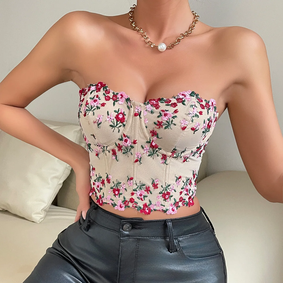 

Embroidery Floral Strapless Corset Crop Tops Sleeveless Bodyshaper Cami Slim Bustier Tube Top French Vintage Vest Women Lingerie