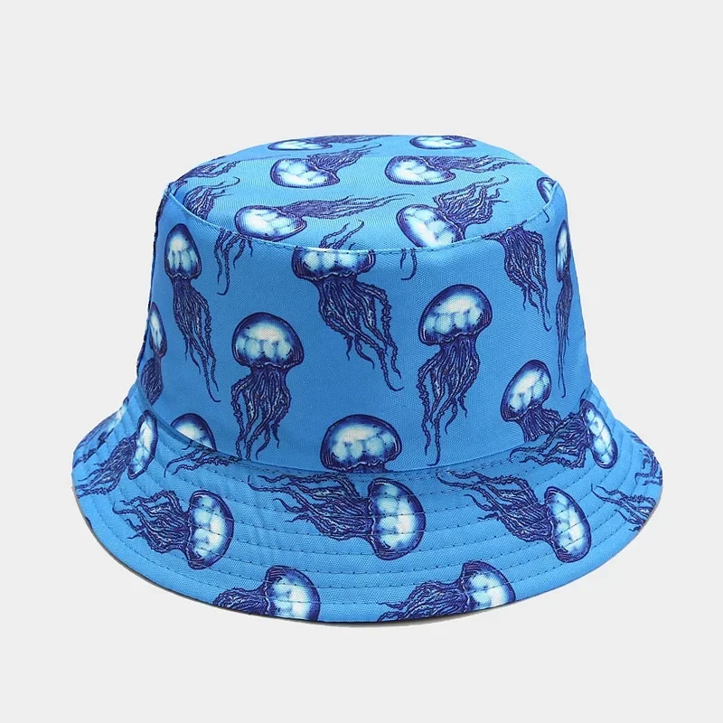 Cotton Sea Animal Print Two Sides Wear Bucket Hat Fisherman Hat Outdoor Travel Hat Sun Cap Hats for Men and Women 100