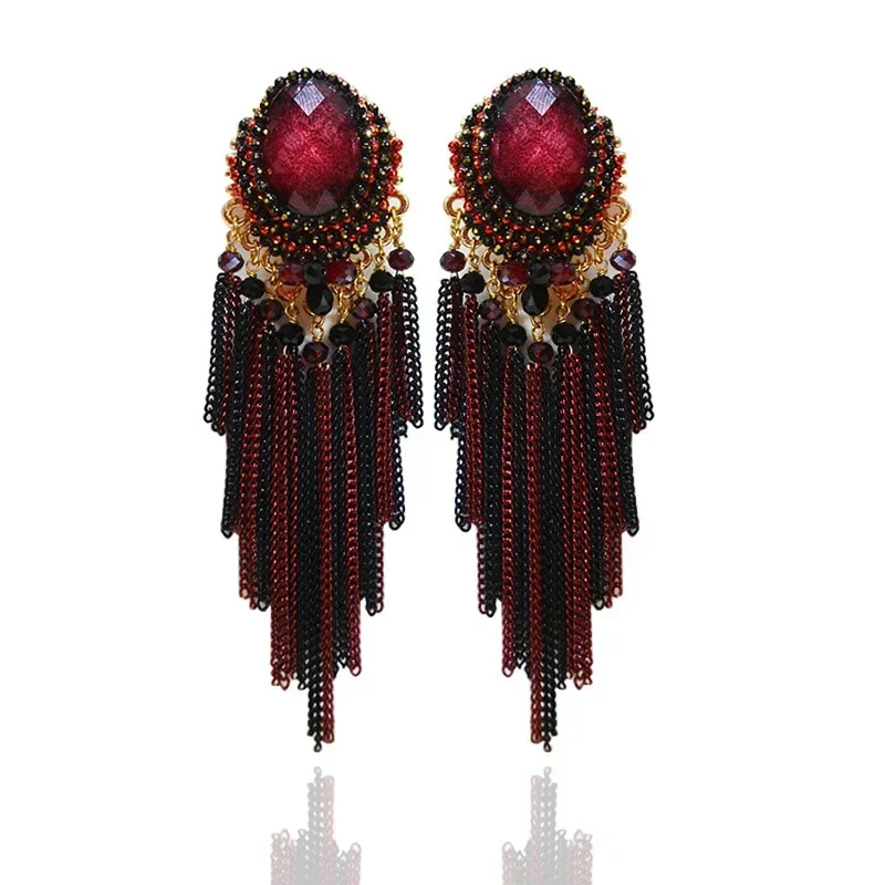 S925 الأقراط الطويلة العرقية المنسوجة يدويا البوهيمي الشرابة القرط للنساء