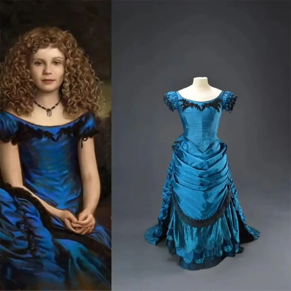 Entrevista de película con el disfraz de vampiro Claudia, vestido azul gótico victoriano de corte real, vestido de fiesta