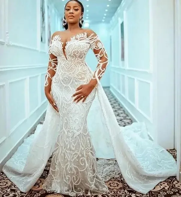 Customized  Plus Size Mermaid Wedding Dresses With Detachable Train Beaded Lace Appliqued African Aso Ebi Bridal Gown Robe 2025