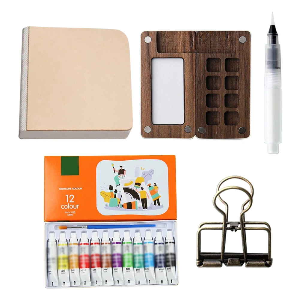 

Travel Paint Palette Pocket Artist Watercolor Set with Clip Portable Watercolor Set Wooden Grid Paint Box Gift for Kids
