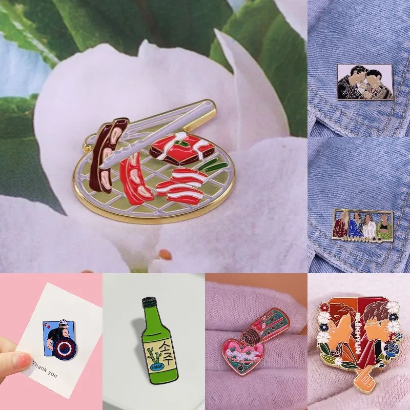 Luxury Copper Korean Elements Enamel Pins Custom Soju Bulgogi Band Brooches Lapel Badges Fashion Jewelry Gifts Drop Shipping