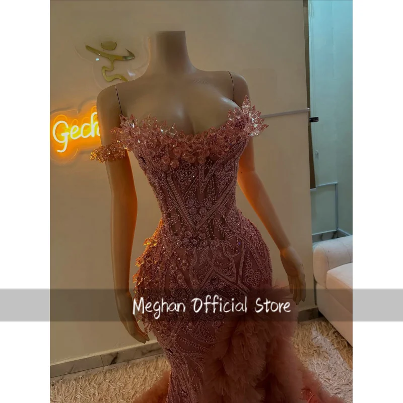 Aso Ebi Blush Pink Crystals Off Shoulder Mermaid Prom Dresses with High Side Slit African Ruffles Evening Party Gowns Customized