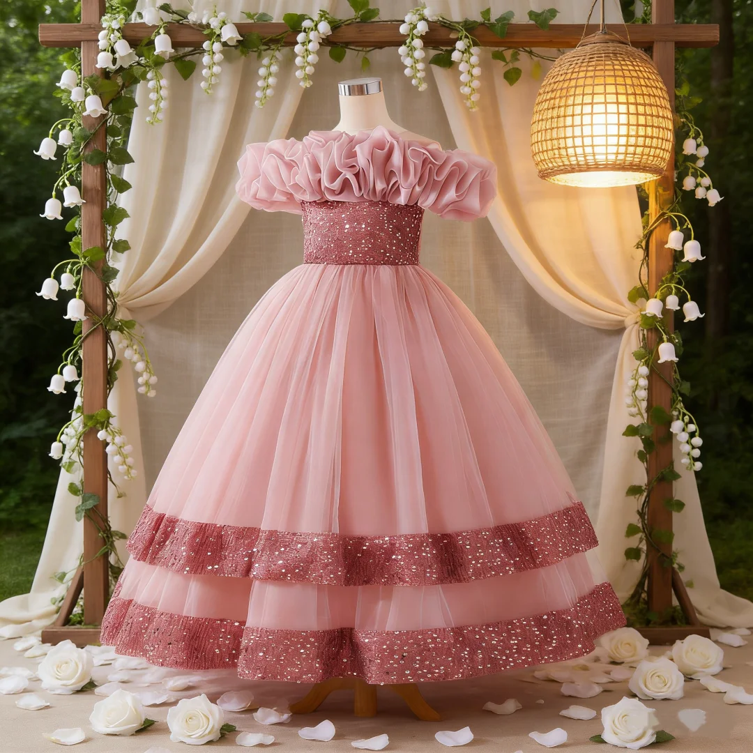 

Детское многослойное платье с блестками и бантом, бальное платье на свадьбу, первый день рождения, банкет, сценическое платье для фортепиано, шоу