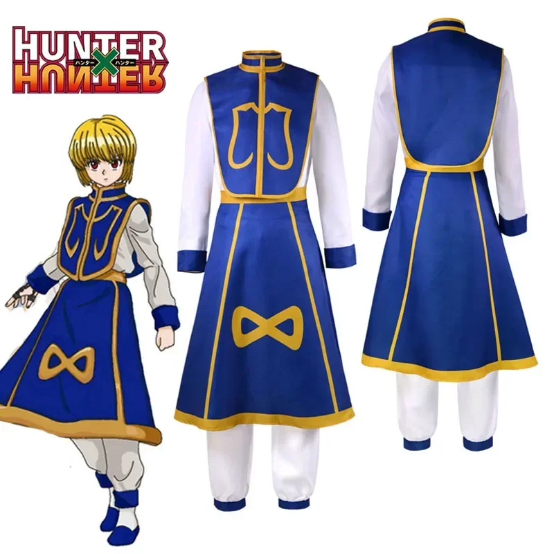 SN88 Anime Manga Hunter x Hunter Kurapika Costume Cosplay Parrucca Dita Anelli Orecchini a catena Uniformi Anime Festa di Halloween O * # 2@5