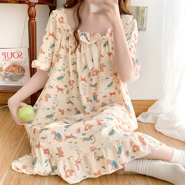 Plus Size Women Nightgown Summer Ice Silk Loose Sleep Dress Girl Squre Neck Short Sleeve Pajamas Home Clothes Loungewear 5XL