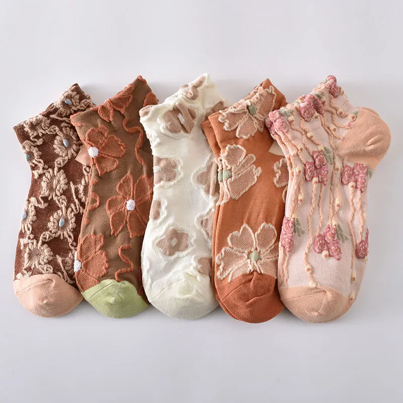 

5 Pairs Women's Flower Three-dimensional Relief Socks High Quality Summer Harajuku Trend Vintage Comfortable Socks EUR 35-39