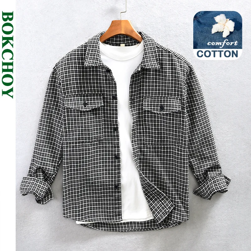 Autumn New Cargo Fine Plaid Shirts for Men Clothing Retro Loose Cotton Casual Solid Color Streetwear AZ222