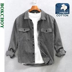 Autumn New Cargo Fine Plaid Shirts for Men Clothing Retro Loose Cotton Casual Solid Color Streetwear AZ222