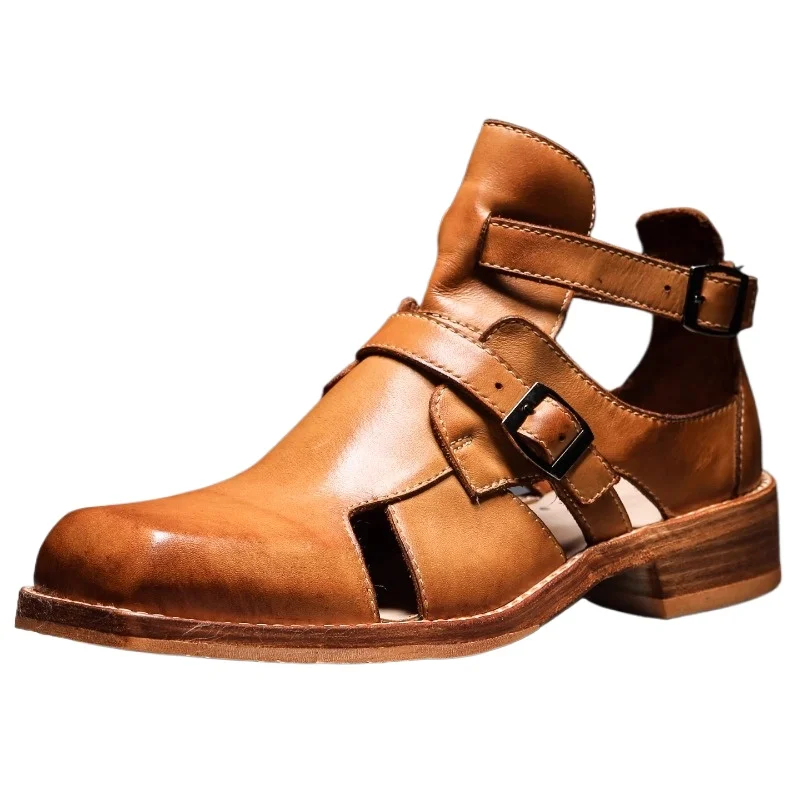 

Summer Hollow Breathable Bag Head Sandals Shoes for Men's Genuine Leather Retro Goodyear Handmade Leather Sole Roman Sandals Man