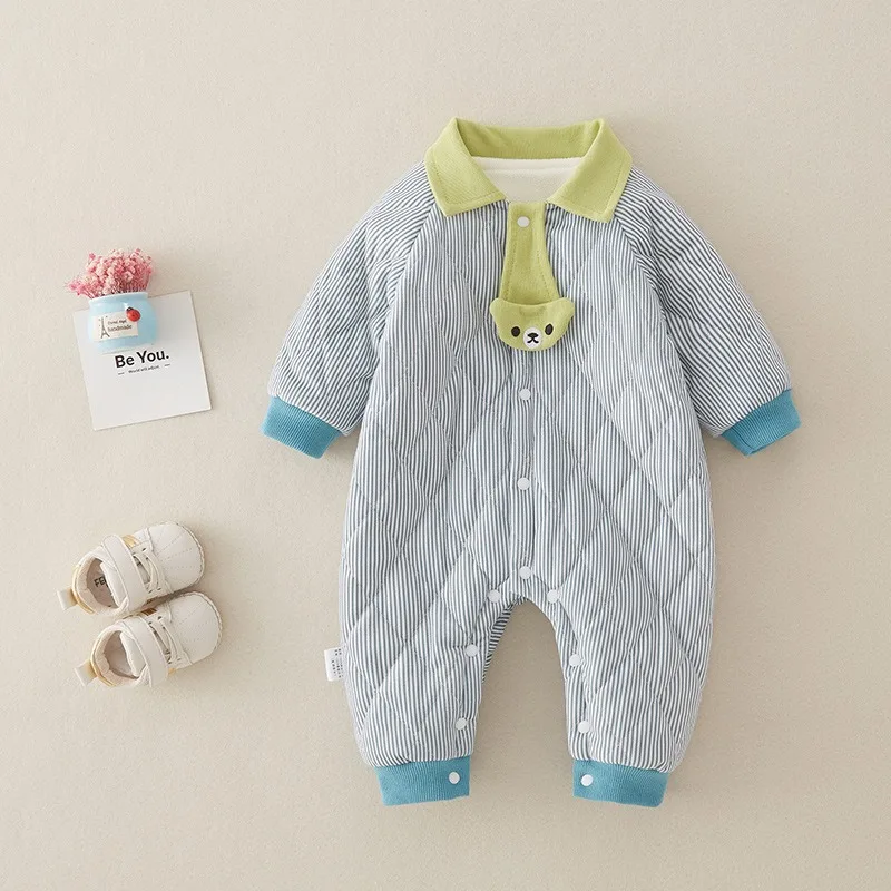 

2025 New Winter Baby Clothes Cute Boys Cotton-padded Jumpsuit Fashion Striped Cartoon Lapel Infant Girls Fleece Lining Romper