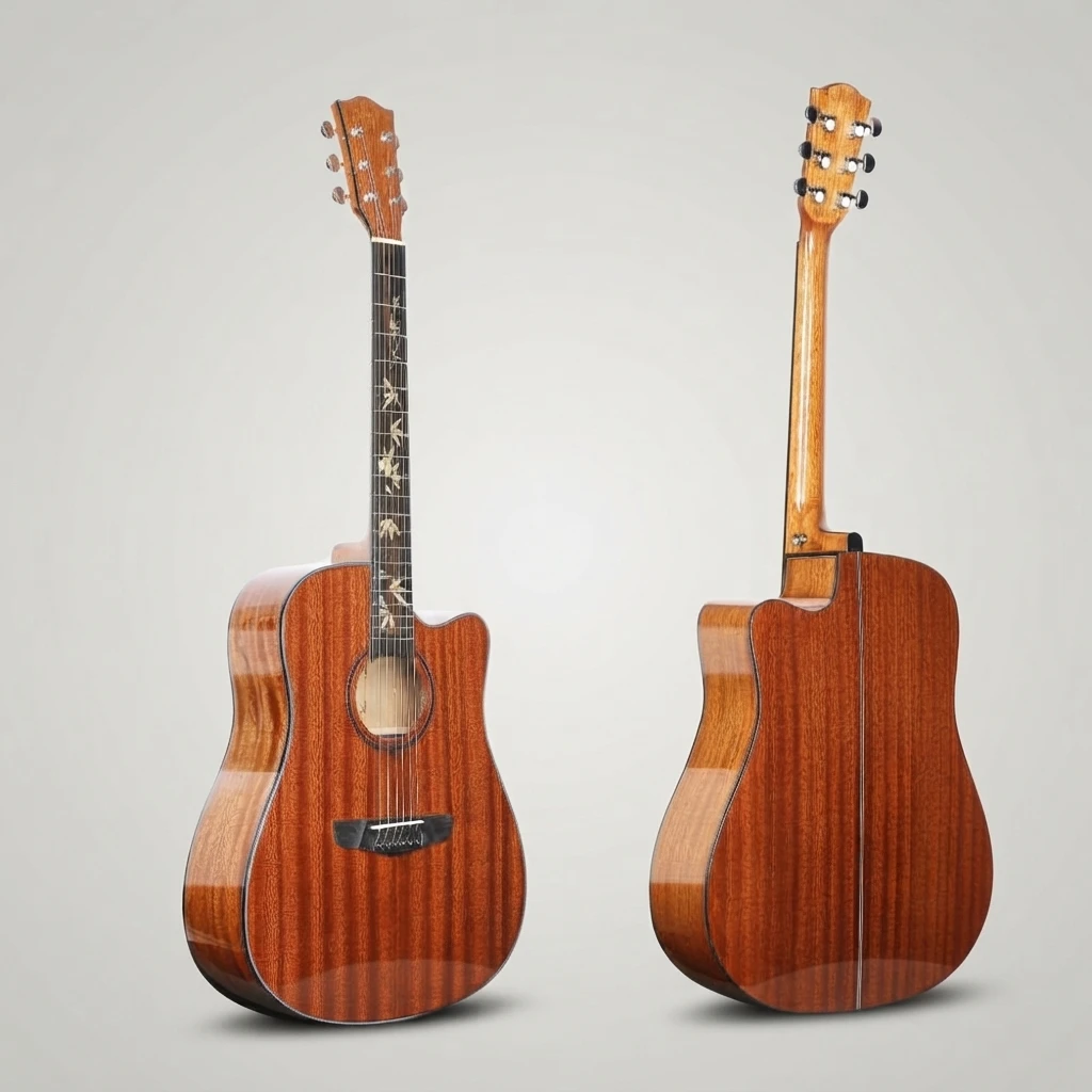 41 Inch Cutaway Acoustic Guitar 6 String Floral Inlay Fretboard Chrome Tuners Glossy Brown Body White Binding Bridge Pins