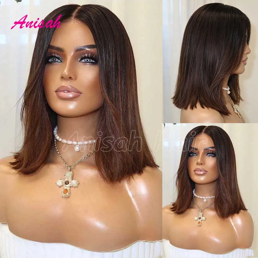 Straight Short Bob Wigs Ombre Brown Colored Lace Front Human Hair Wig Pre Plucked 5x5 HD Lace Closure Wig 13x4 Lace Bob Wig