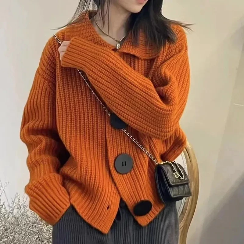 Solid Color Thick Needle Button Sweater Cardigan Lapel Long Sleeve Big Button Sweater Coat Simple Fashion Shawl Worn Outside Top